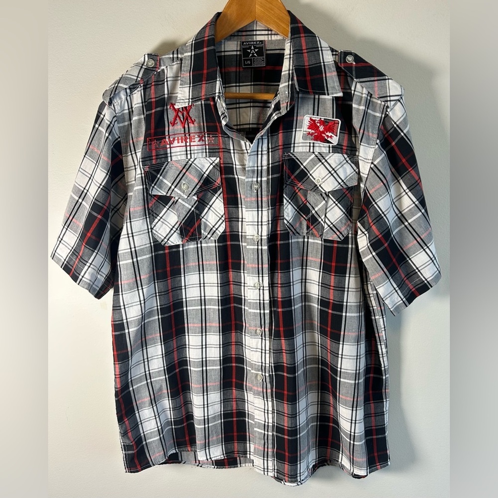 Avirex Aviator Shirt Mens L Black & White Plaid Pocket Button Up S/S Embroidered